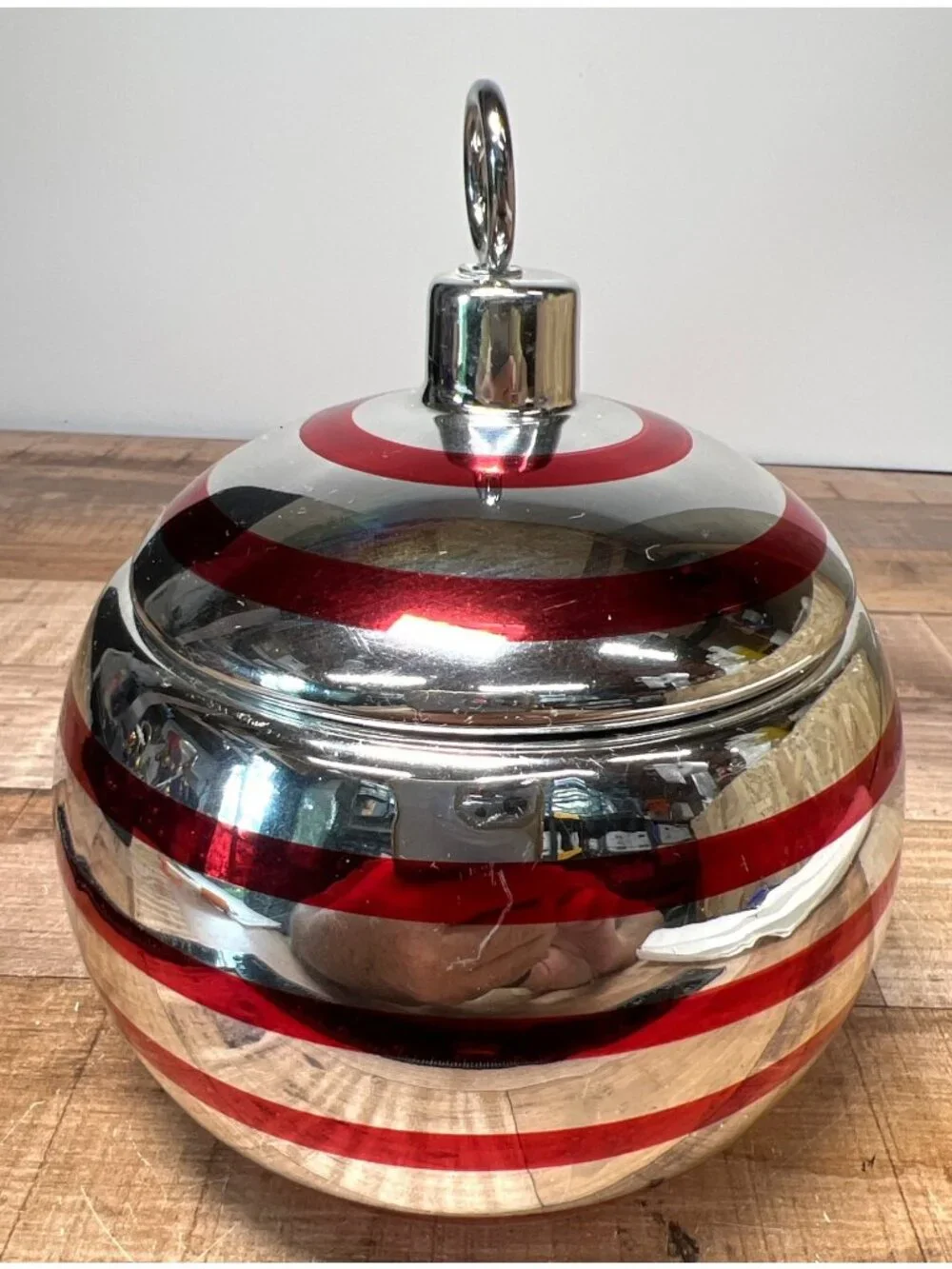 Decorative Striped Glass Candle Jar With Metallic Lid & Ornate Topper